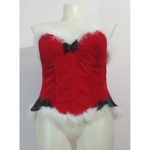 Velvet Christmas Santa Corset White Fur Bows Boned Lace Up Back w/Zip Sz XL